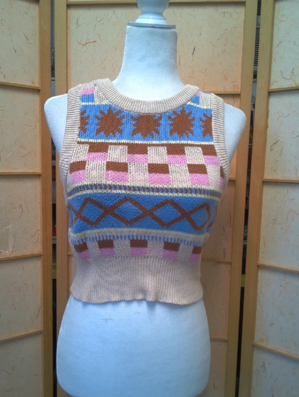 La Hearts Beige Knit Crop Tank with Blue, Pink & Brown Geometric Pattern